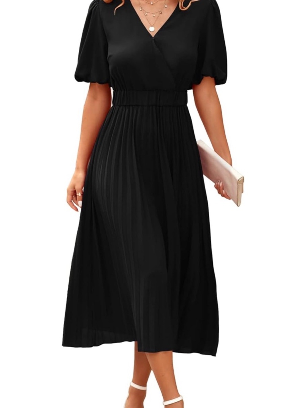 Elegant Black V-Neck Pleated Midi Dress with Puff Sleeves